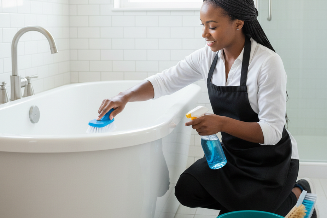 A focused woman wipes down a modern white bathtub in a bright bathroom, creating a fresh, clean, and serene mood.